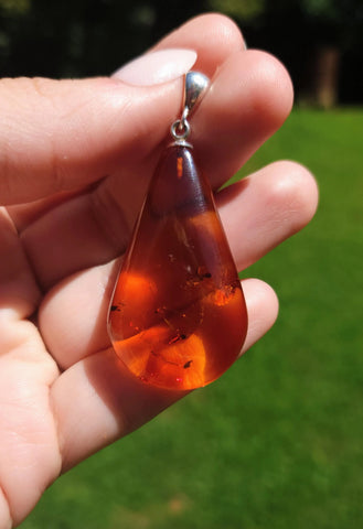 Baltic Amber and Stamped 925 Silver Pendant Long Teardrop